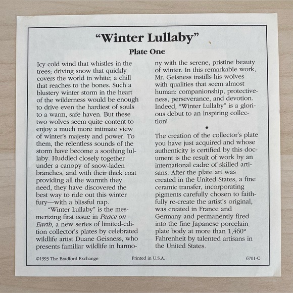 2 Bradford Exchange Wolf Plates - "Eyes in the Mist" & "Winter Lullaby" w/ COA - Picture 14 of 14